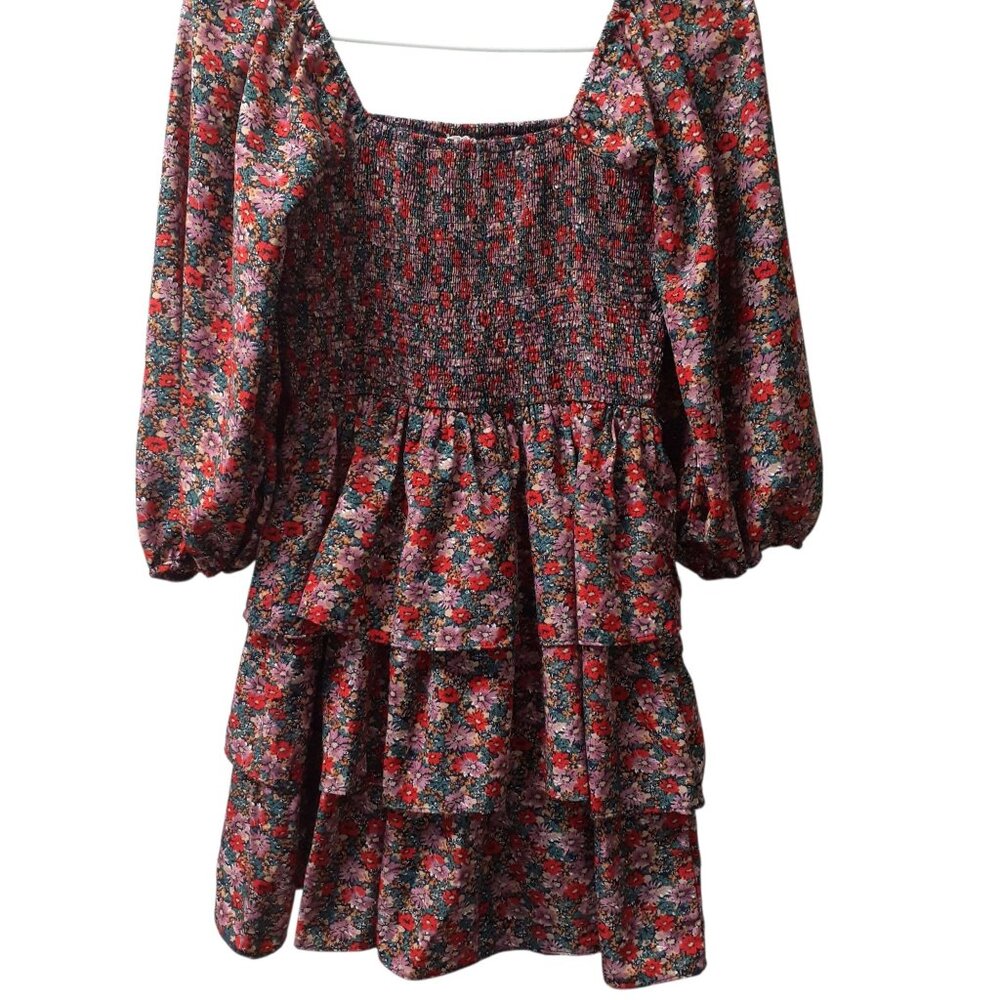 Entro A-Line Dress Womens Size Medium Multi Floral  Layered Square Neck